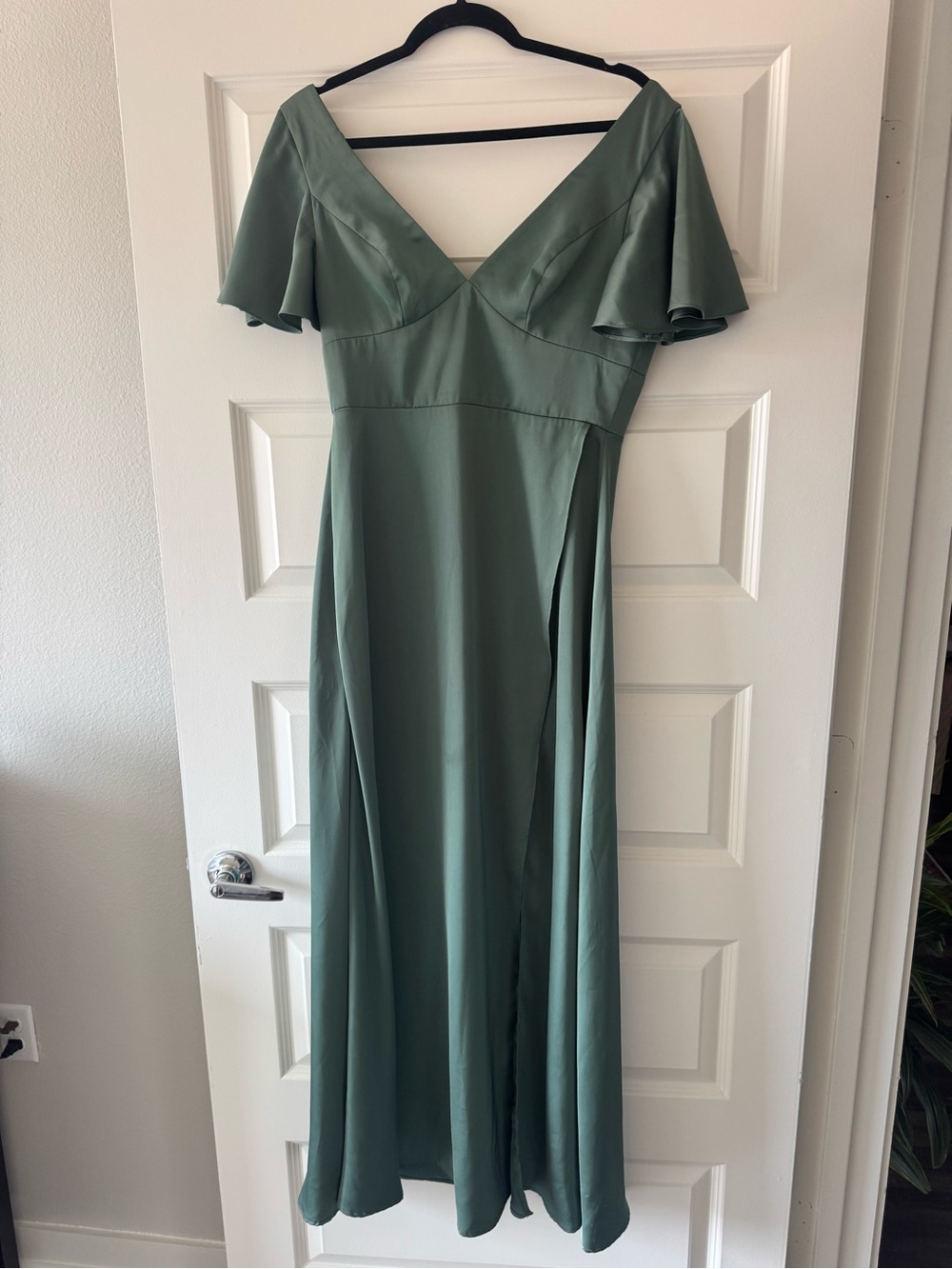 Azazie Green Flutter Sleeve V-Neck Maxi Dress